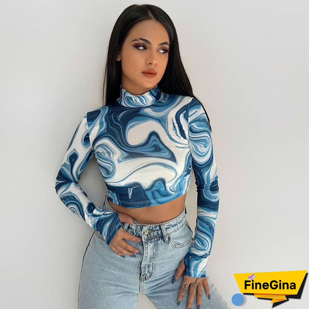 Women's Tube Top Fashion Print Crop Tops Long Sleeve Turtleneck Pullovers Spring Summer Exposed Navel Shirt Streetwear Y2k
