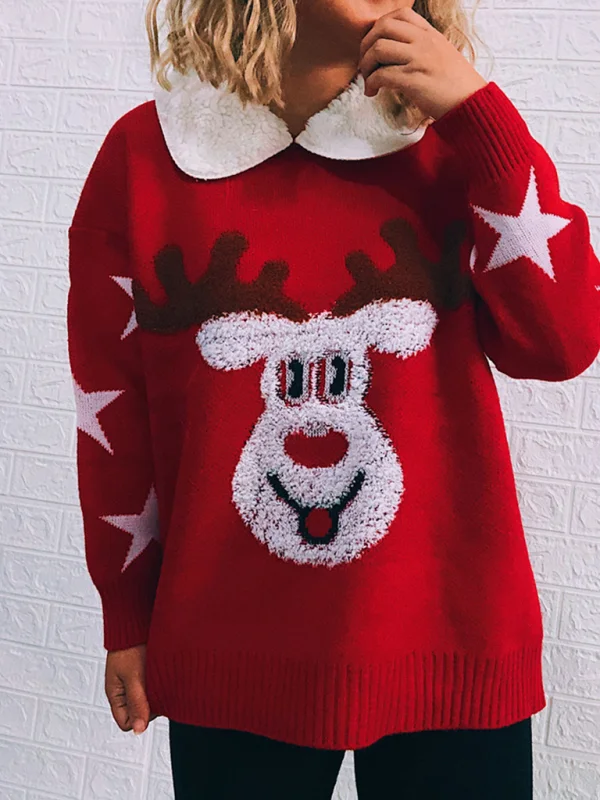 Women's Lapel Thick Long Sleeve Fawn New Year Christmas Theme Sweater Pullover Flusfy