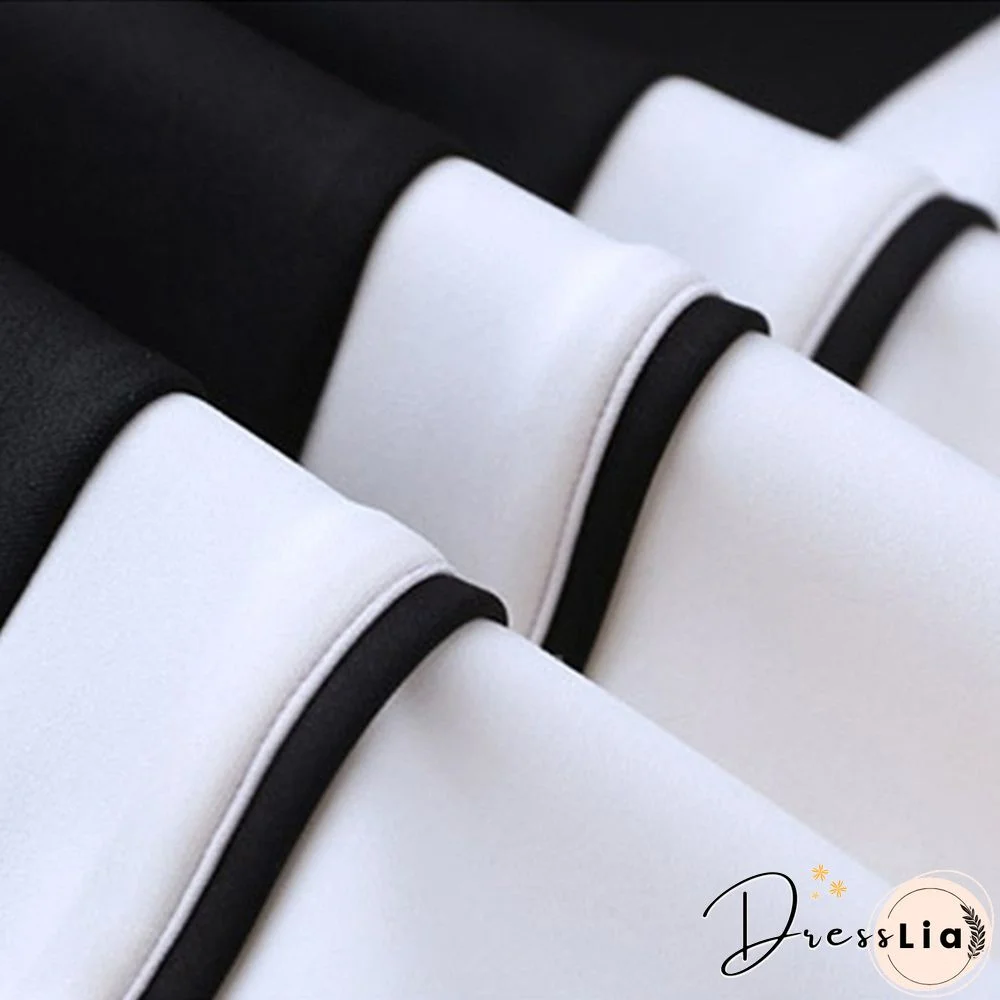 Summer Women Fashion Chiffon Mini Dress Black White Short Sleeve O-Neck Dress