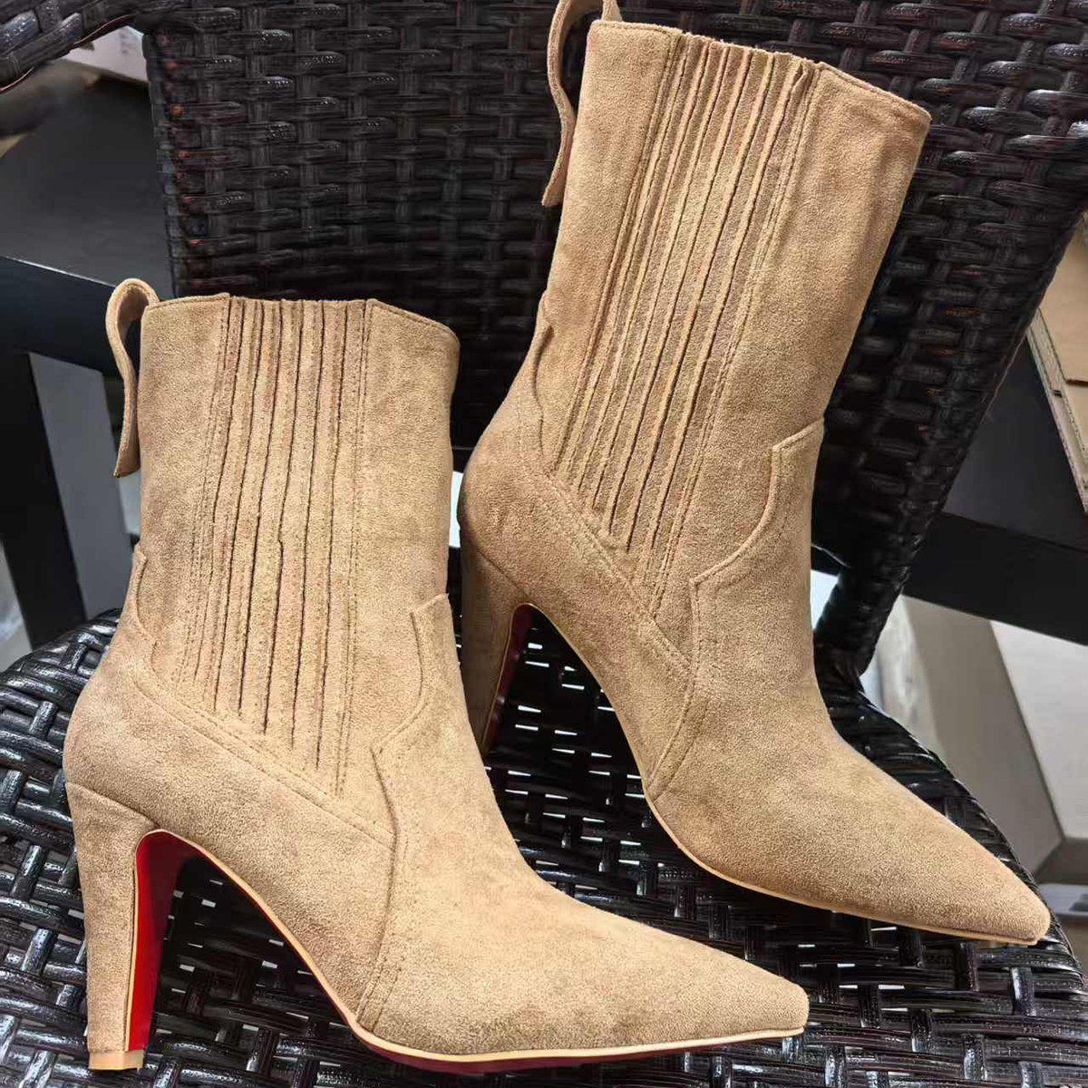 80mm Women's Heels Boots Red Bottom Khaki Suede Ankle Boots-MERUMOTE