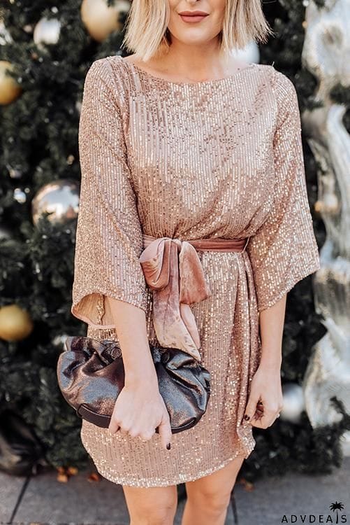 Sequin Belted Long Sleeve Mini Dress