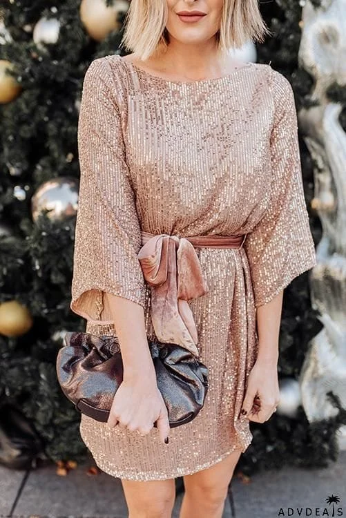 Sequin Belted Long Sleeve Mini Dress