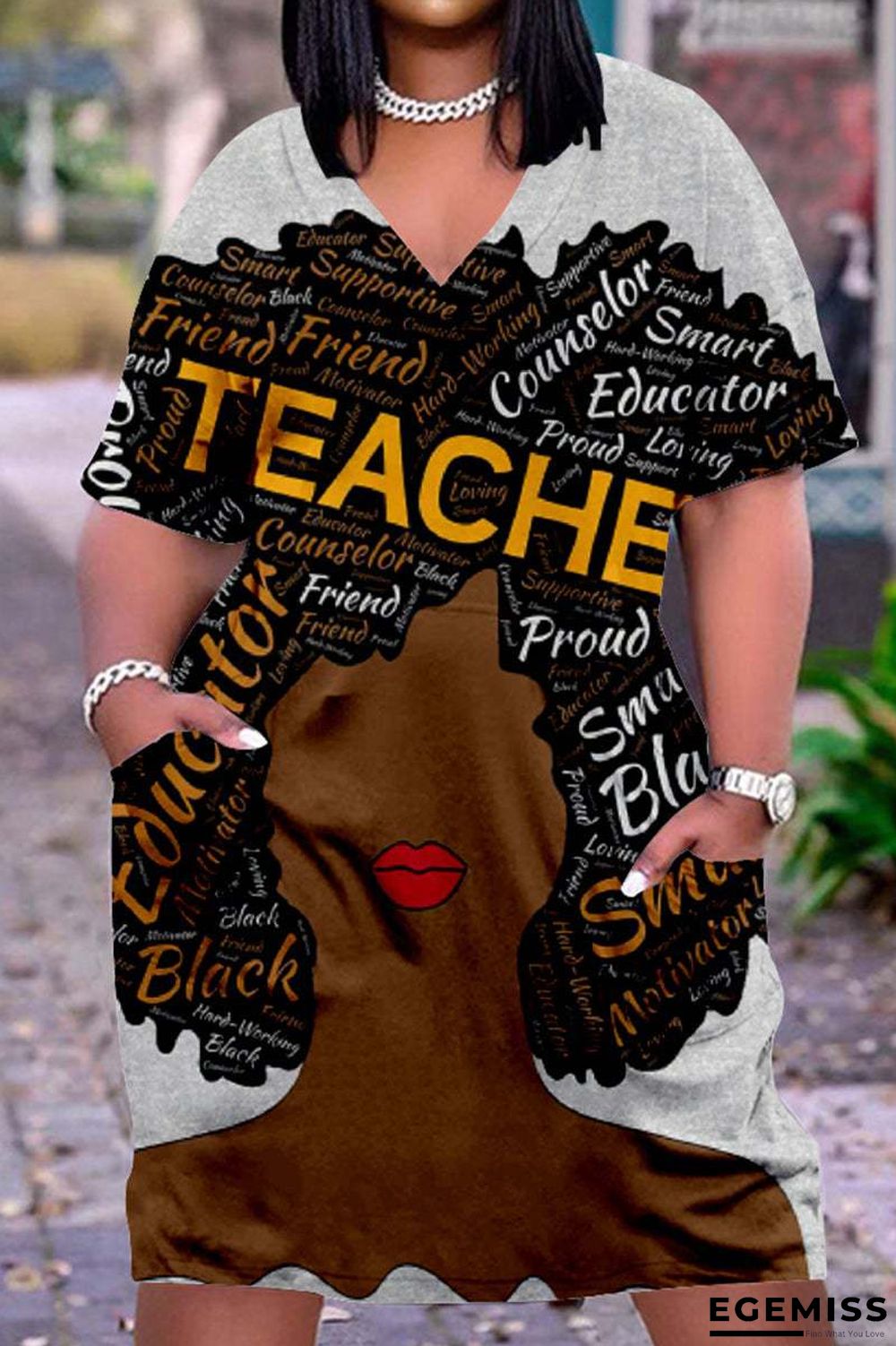 3D Printed Outdoor Fashion Casual Loose Plus Size Women's V-neck Sleeve Dress White Dresses | EGEMISS