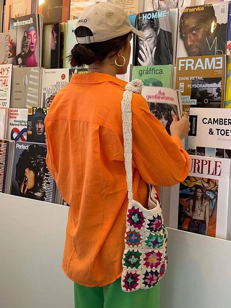 Back to school  Women Fashion Vintage Orange Linen Shirt Lapel Loose Single Breasted Long Sleeve Shirt Jacket Chic Office Oversized Shirt