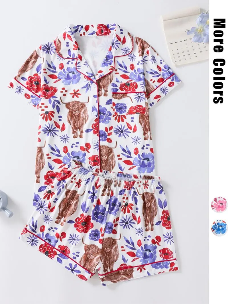 Women's Floral & Cow Print Top & Shorts Pajama Two-piece Set, Casual Comfy Short Sleeve Top & Shorts Pajama Set, Ladies Sleepwear for Summer, Womenswear