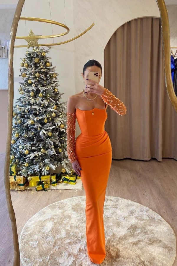 Orange Strapless Slim Fit Prom Dress With Sheer Beaded Sleeves | ZT0154