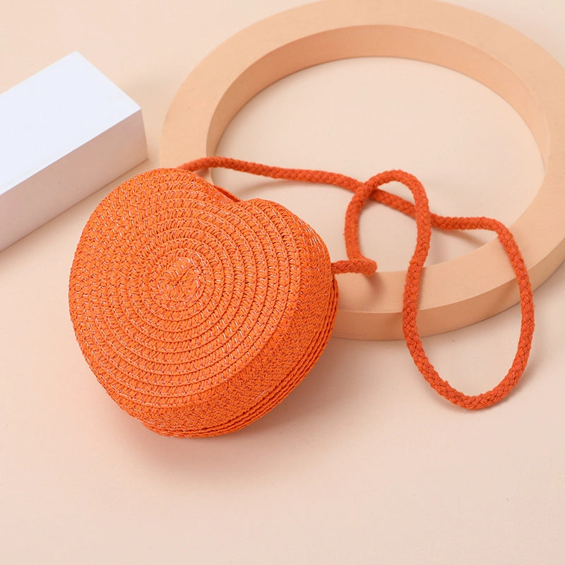 Kid’S Straw Heart Shape Cute Heart-shaped Zipper Shoulder Bag
