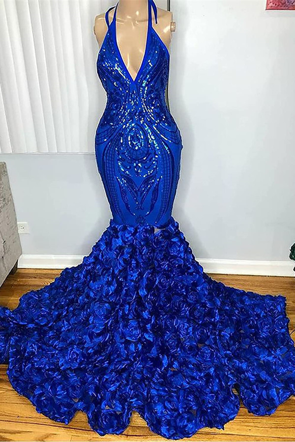 Budget Royal Blue V-Neck Evening Gowns Sleeveless Mermaid With Flowers - lulusllly