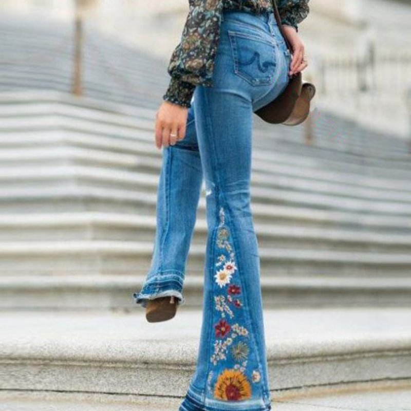 Cozy Sunflowers Daisy Embroidered Printed Jeans
