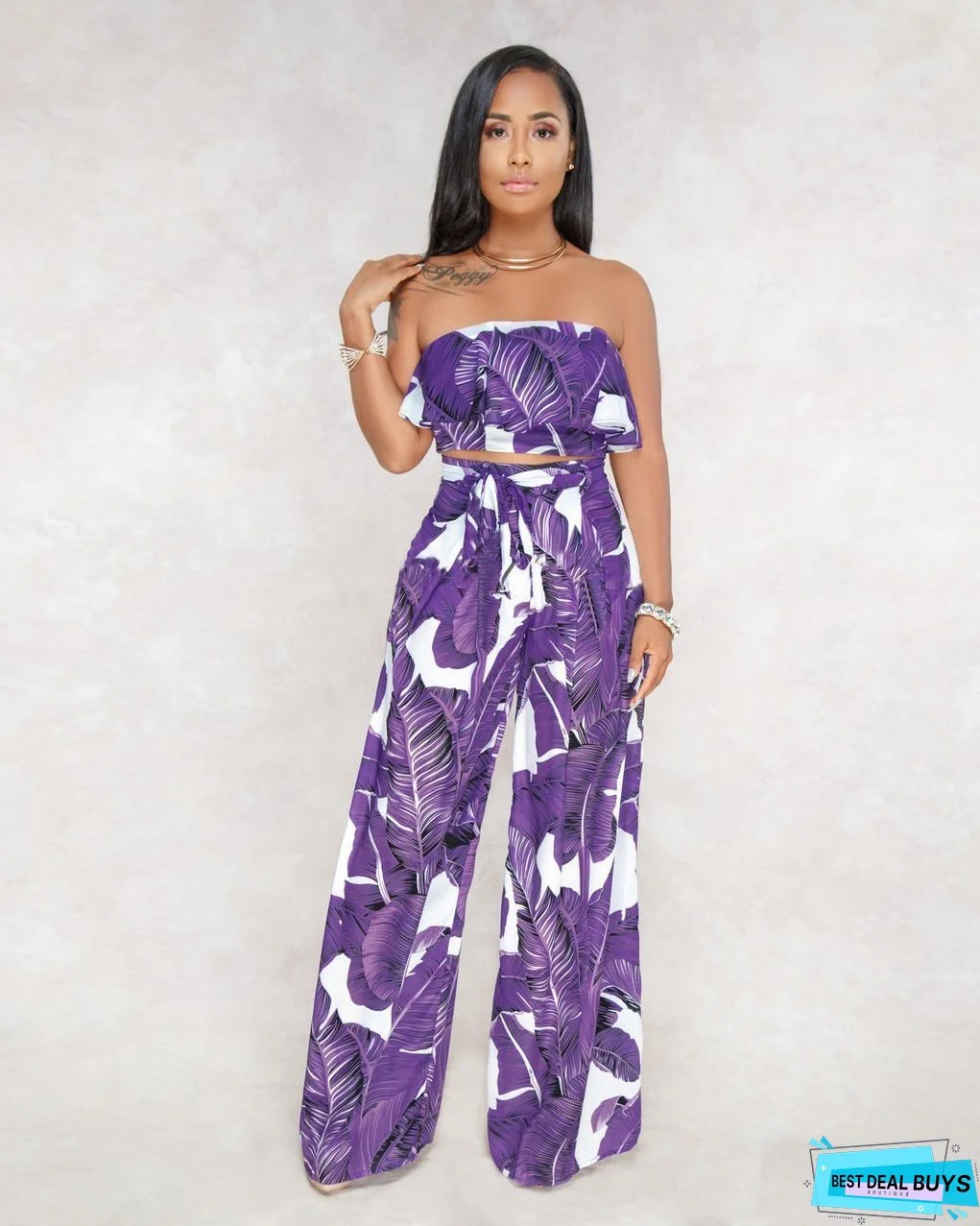 SEXY PRINTING STRAPLESS FLOUNCE TOP WIDE-LEG TROUSERS SUIT