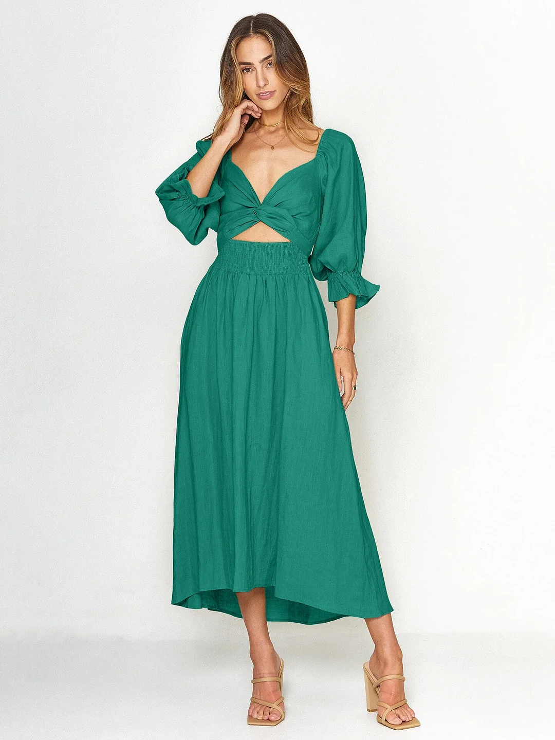 Spring Summer Women Casual Dress Elegant Solid Cut Out Long Lantern Sleeve High Waist Square Collar Streetwear Midi Dress 2023