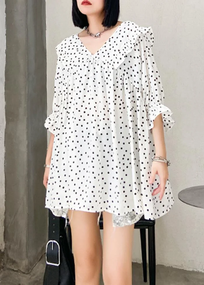 Beach white dotted chiffon clothes plus size Sleeve v neck Ruffles Love tops