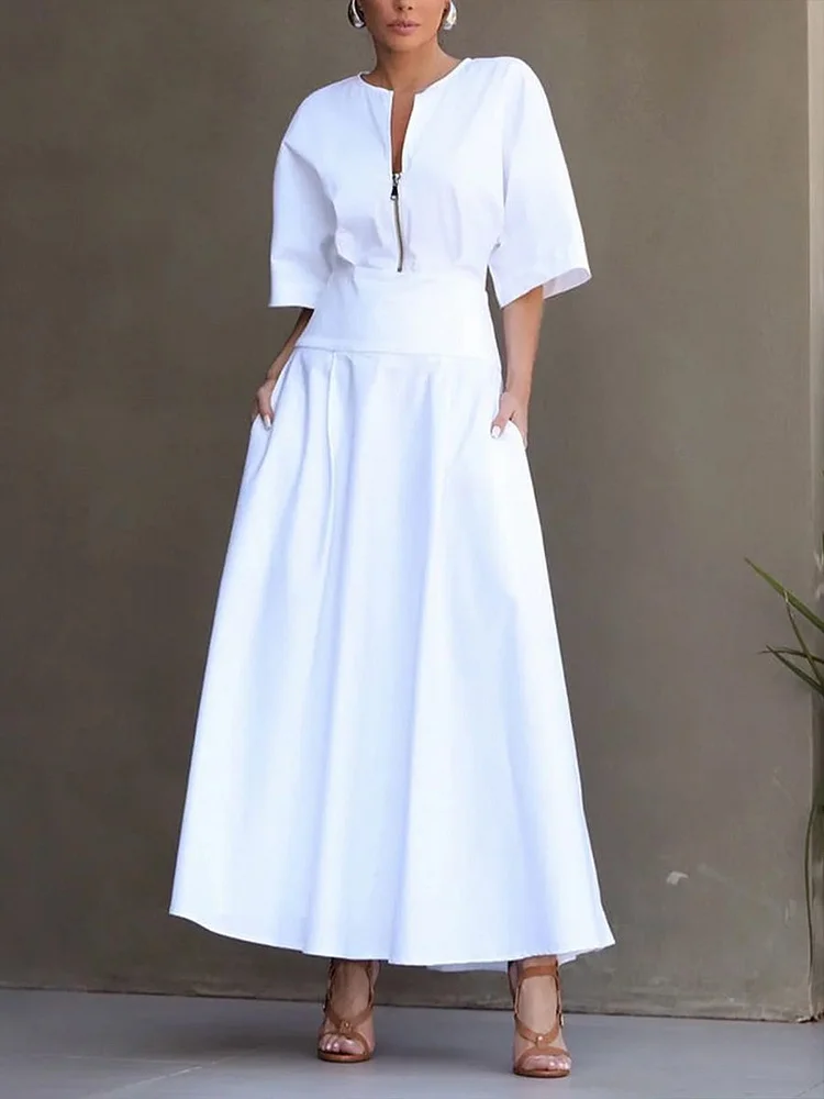 Women's Solid-color Round-neck 3/4-sleeve Casual Loose Cotton-linen Dress