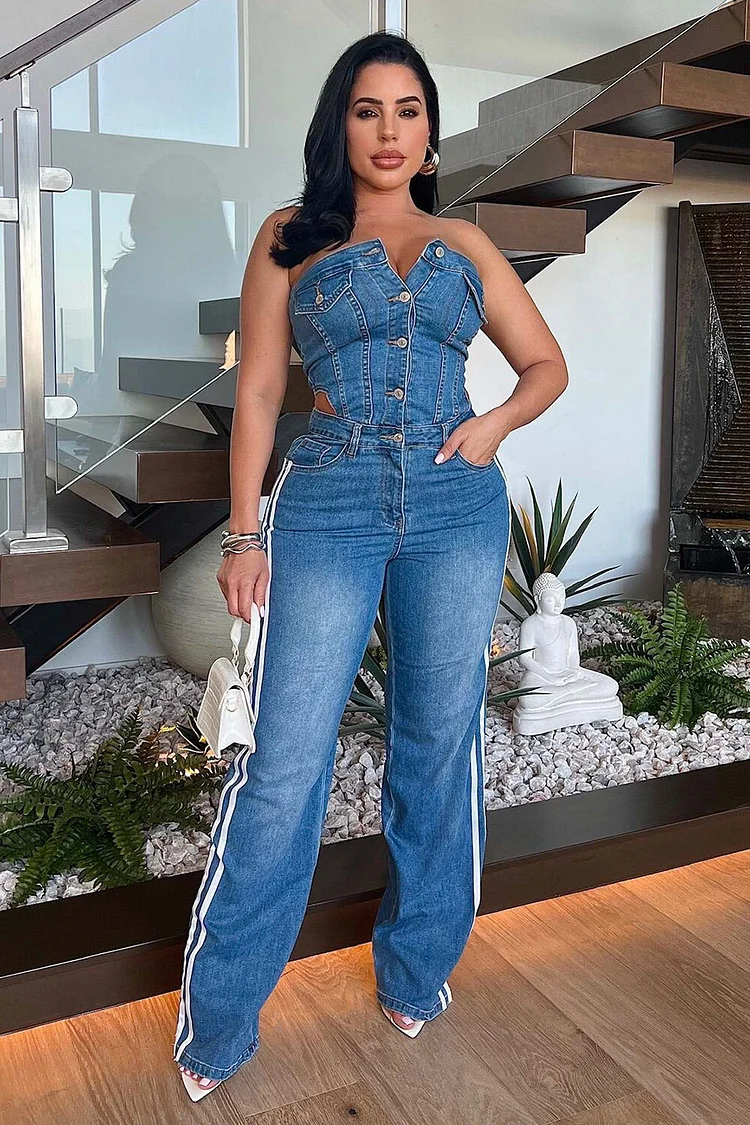 Strapless Button Up Side Striped Straight Leg Casual Jumpsuit-Blue