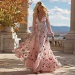 Boho Pink Floral Embroidered V Neck Flowy Maxi Dress - Image 2