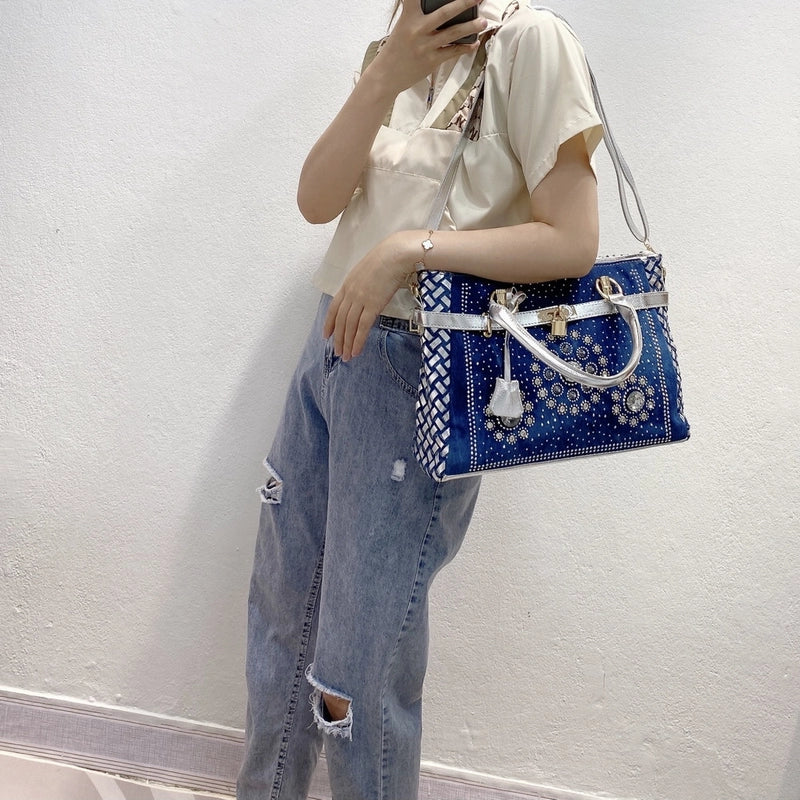 Women’s Medium Denim Geometric Streetwear Lock Square Zipper Tote Bag