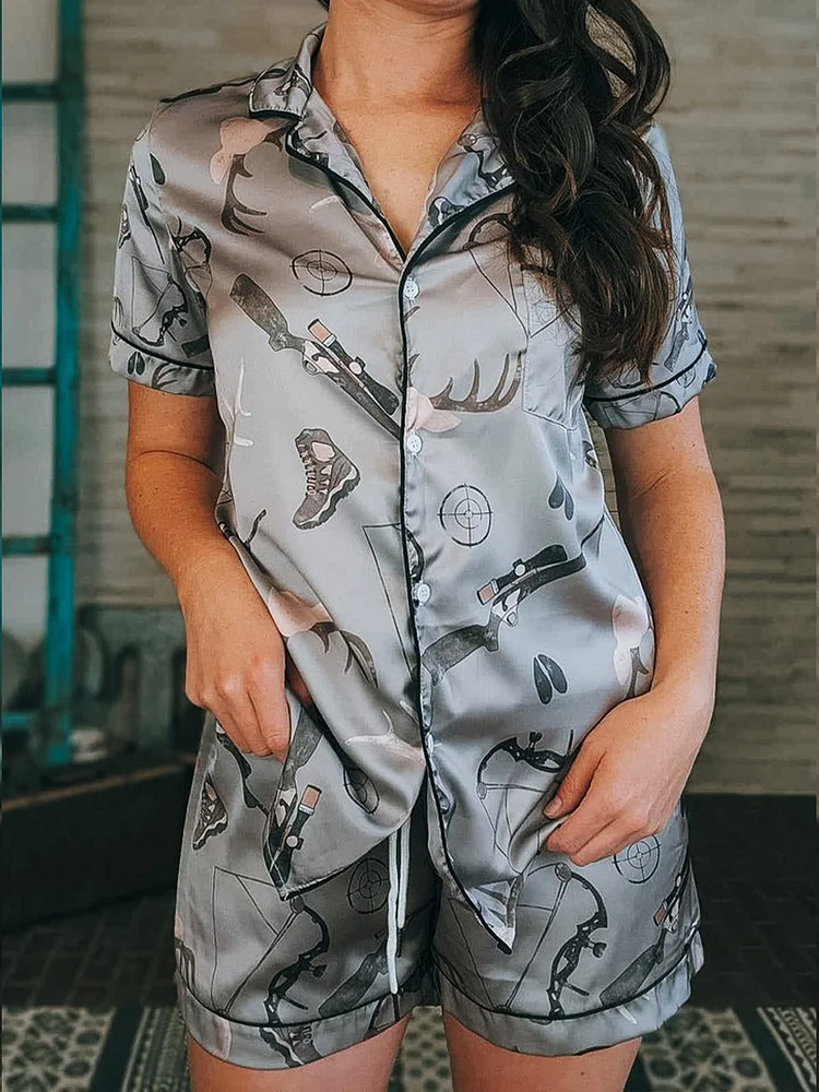 Western Casual Grey Print Silk Short Sleeves Pajama Set