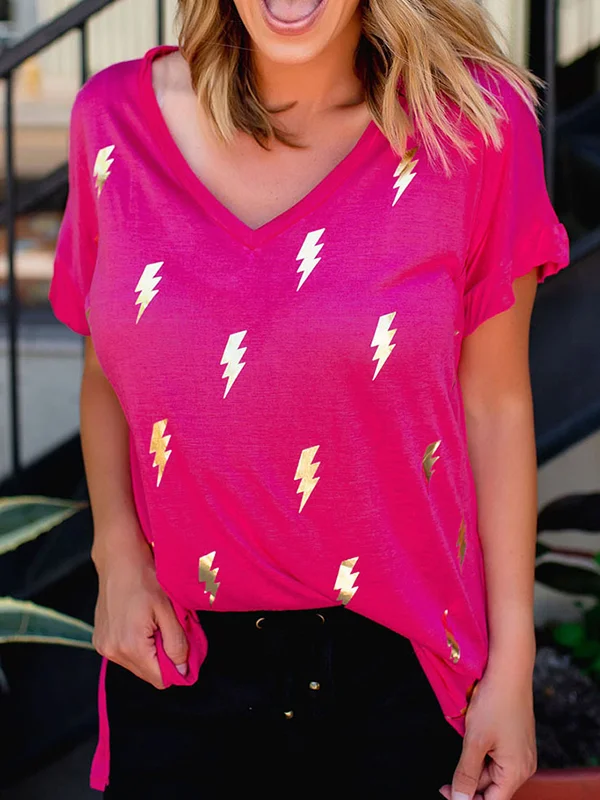 Loose Short Sleeves Printed V-Neck T-Shirts Tops