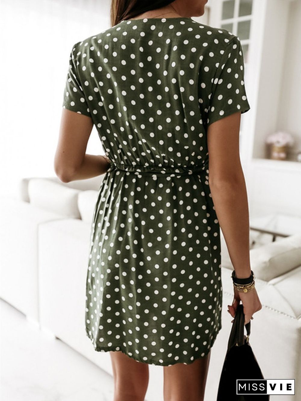 Summer V Neck Polka Dot Boho Dress Bohemian Women Beach Dress Fashion Short Sleeve Casual Mini Dress