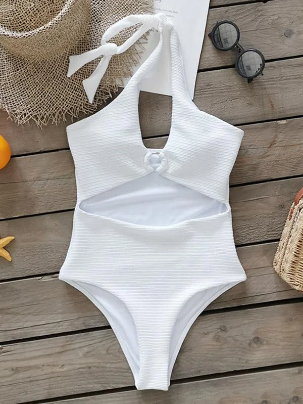 Solid Color Hollow Halterneck One-Piece Swimwear