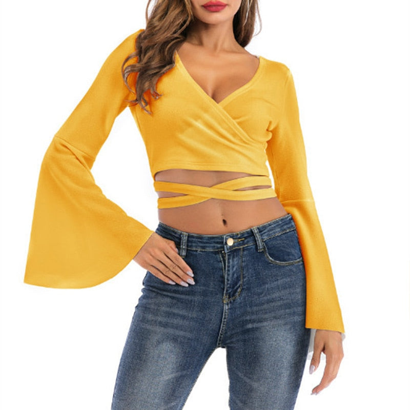 Llyge White Top Yellow Crop Top T Shirt Tank Women Tshirt Femm Bandage Ropa Long Sleeve  Casual Camiseta Mujer Tee Black Crop Top llyge