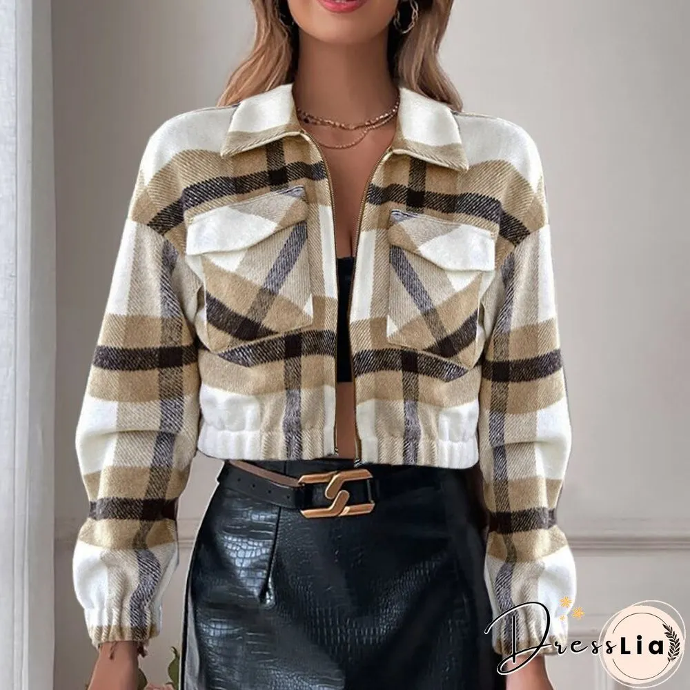 Casual Women Long Sleeve Lapel Zipper Short Jacket Fashion Plaid Printed Ladies Autumn
