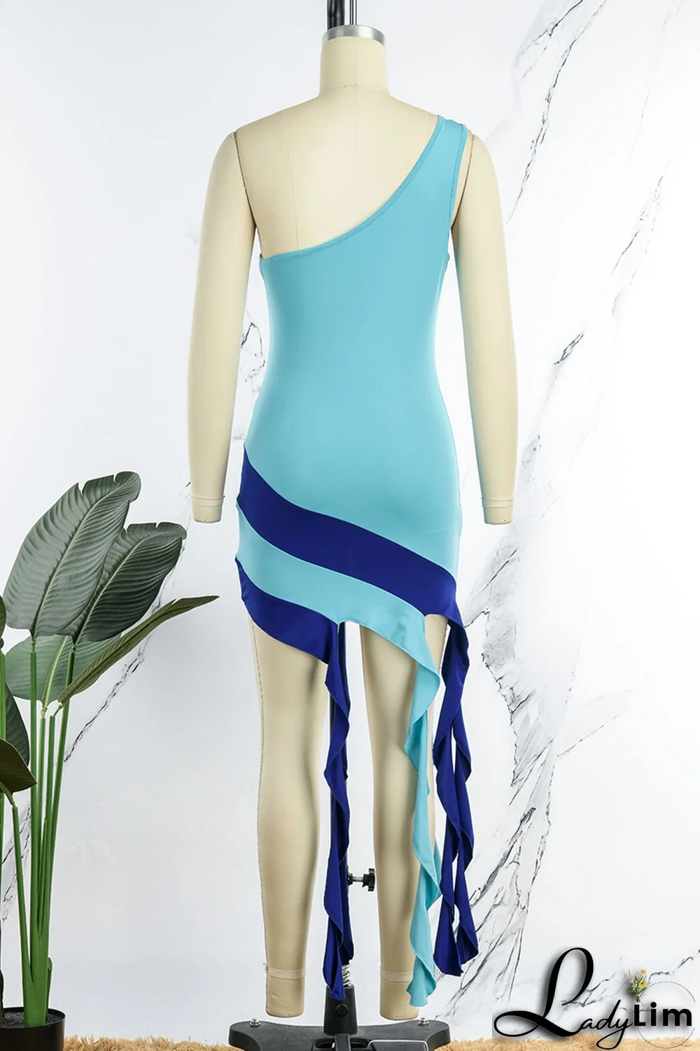 Yellow Sexy Patchwork Backless Contrast One Shoulder Sleeveless Dress Dresses