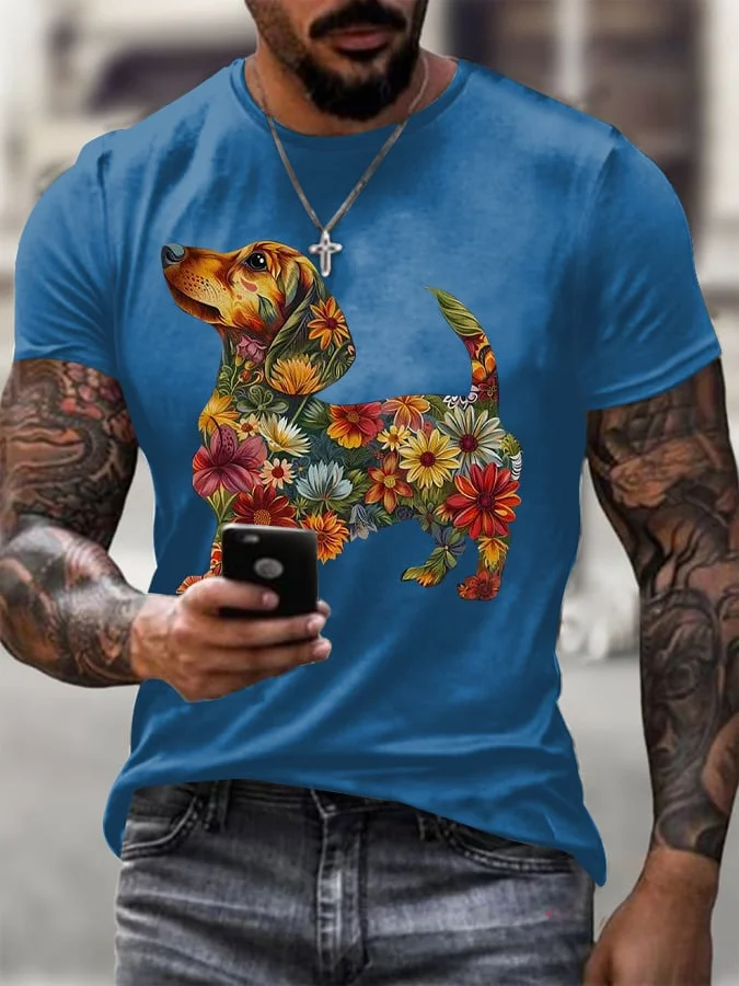 Men's Dog Printed Round Neck T-Shirt