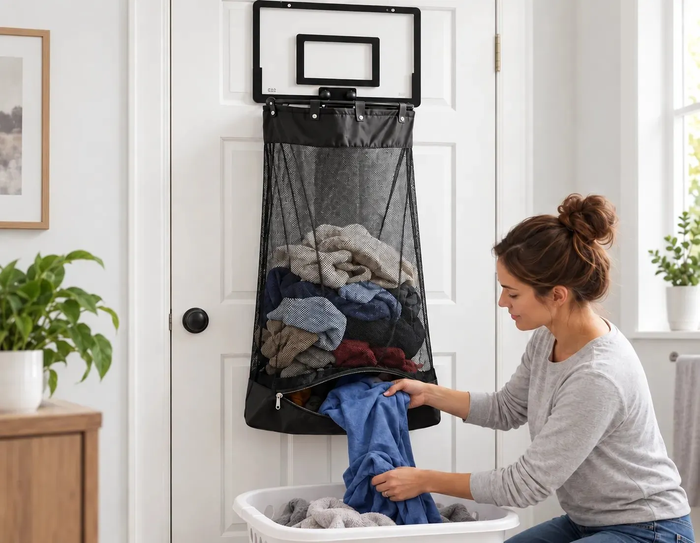 Emptying laundry using the bag's bottom zipper