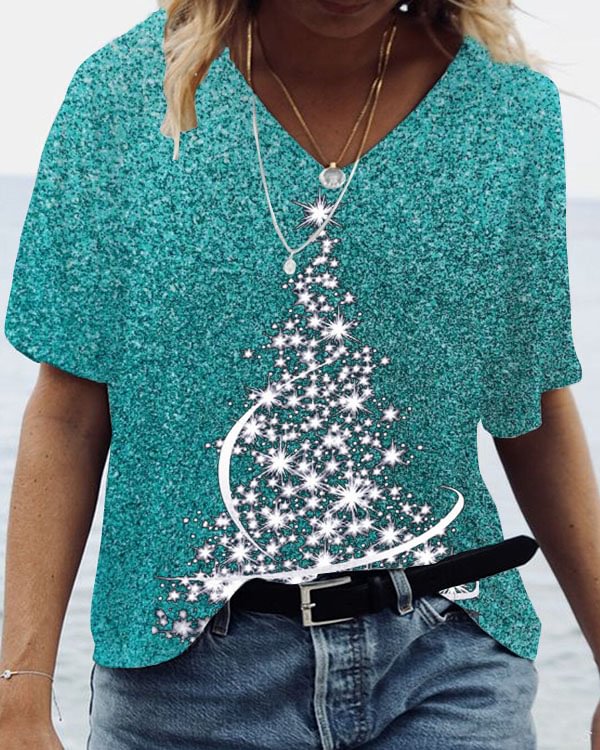 Christmas Tree Glitter Bling's V-neck Short Sleeved Top