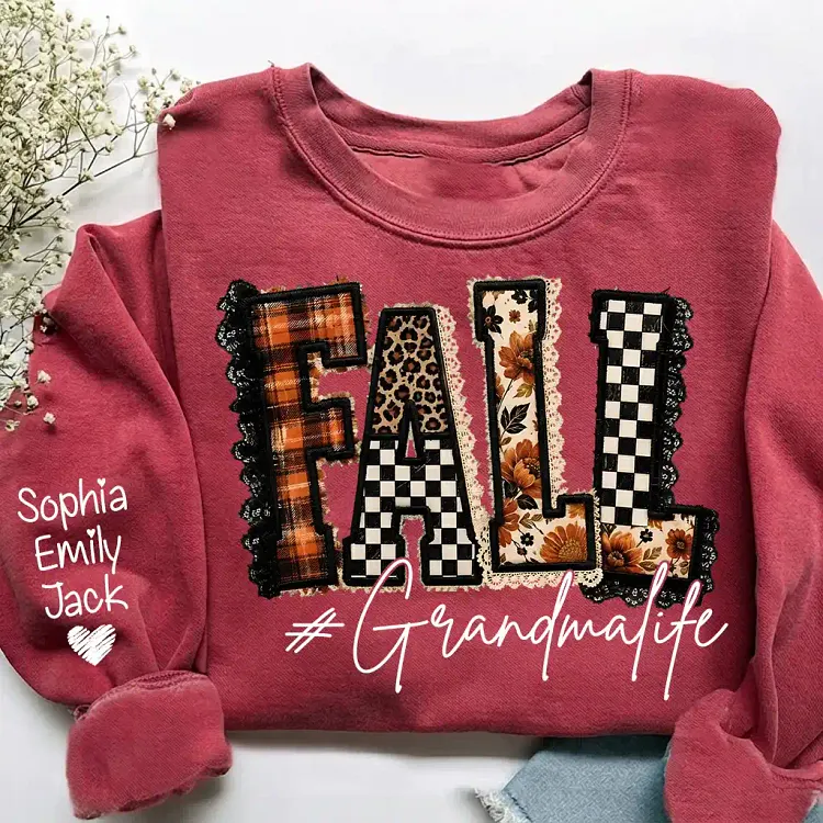 Personalized Fall Grandma Sweatshirt, Custom Grandkids Names on Sleeve, Patchwork, Autumn Floral Grandma Gift