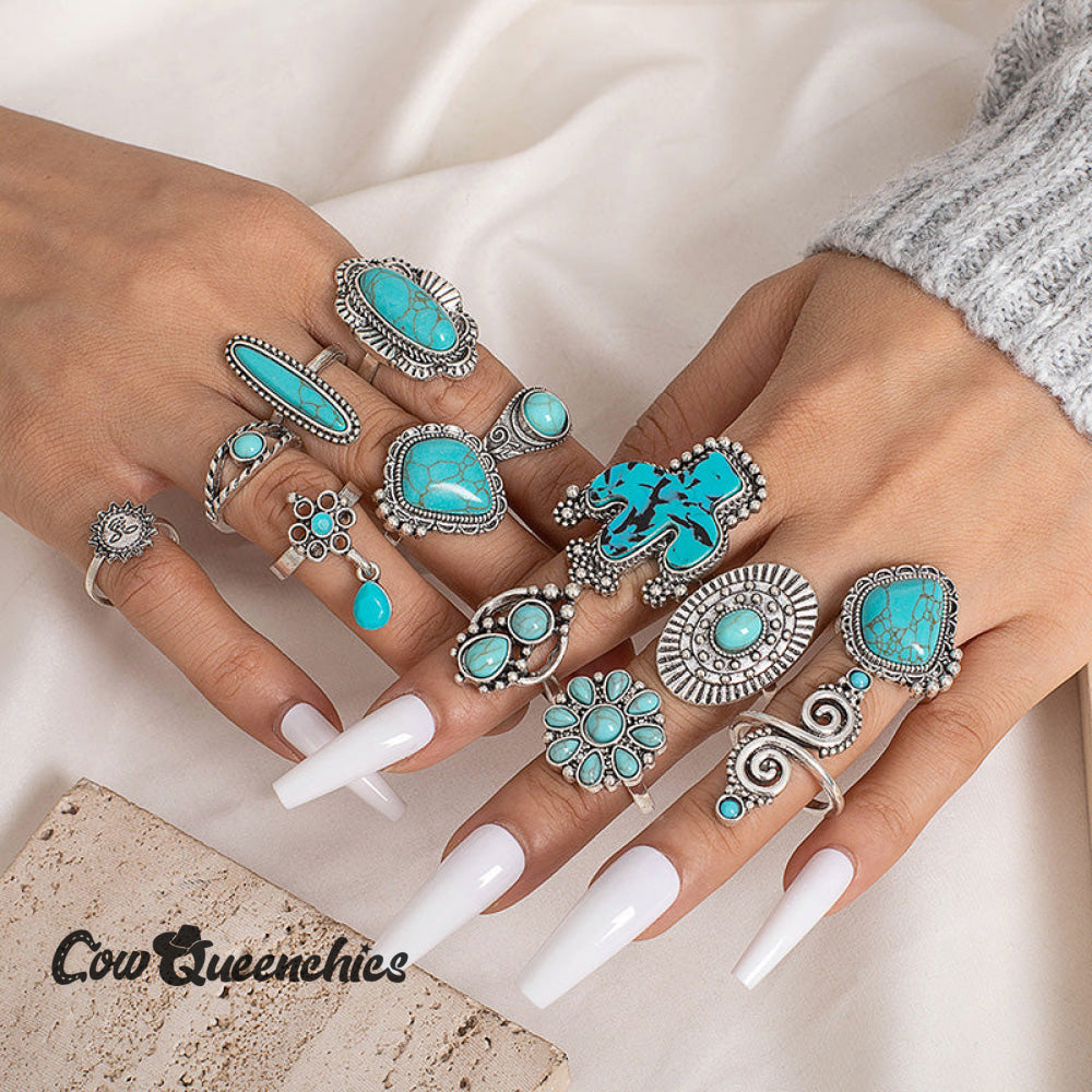 14Pcs Turquoise Cactus Carved Ring Set Green / One-Size