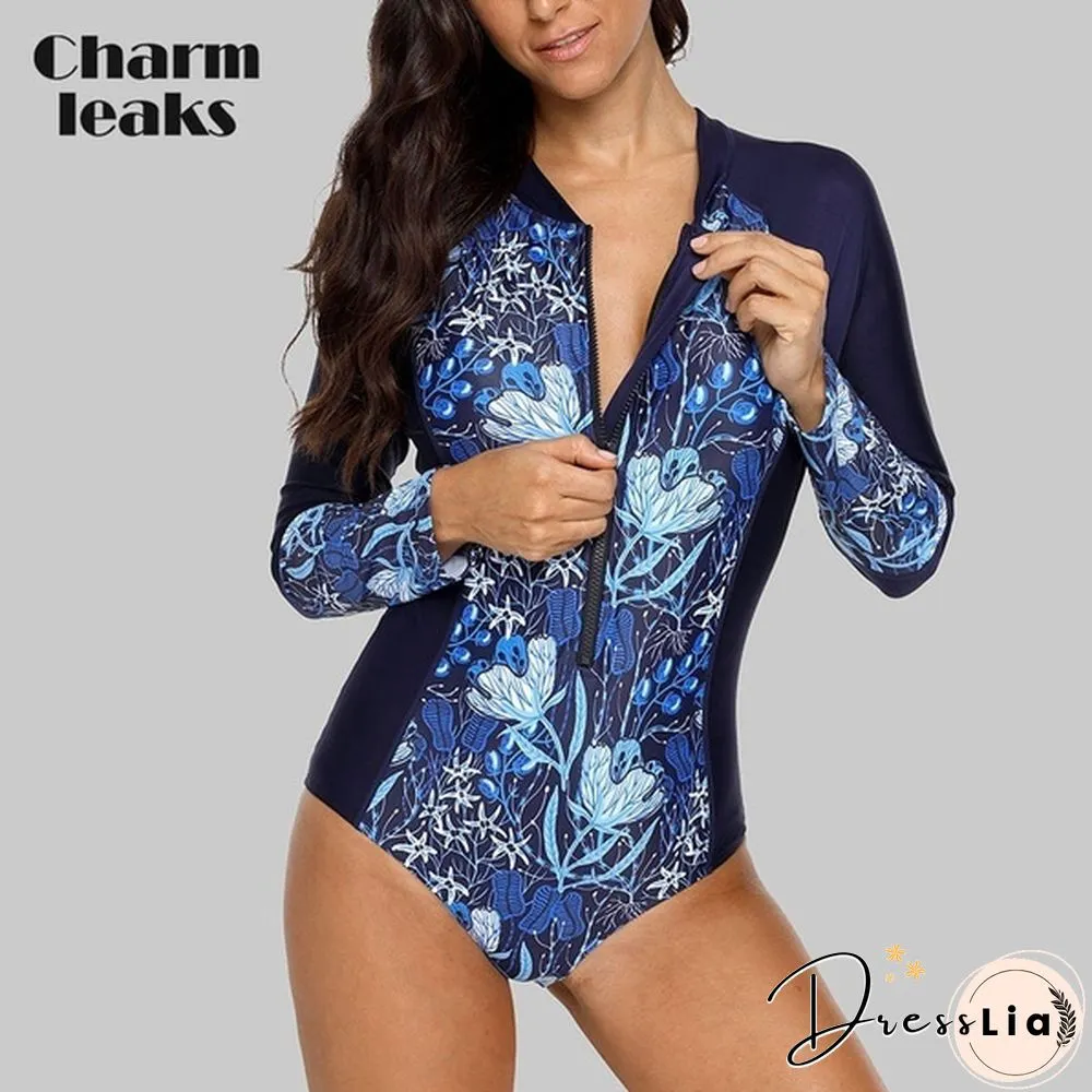 Charmleaks Womens Long-Sleeve Rashguard One-Piece Swimsuit Swimwear Surfing Top Rash Guard