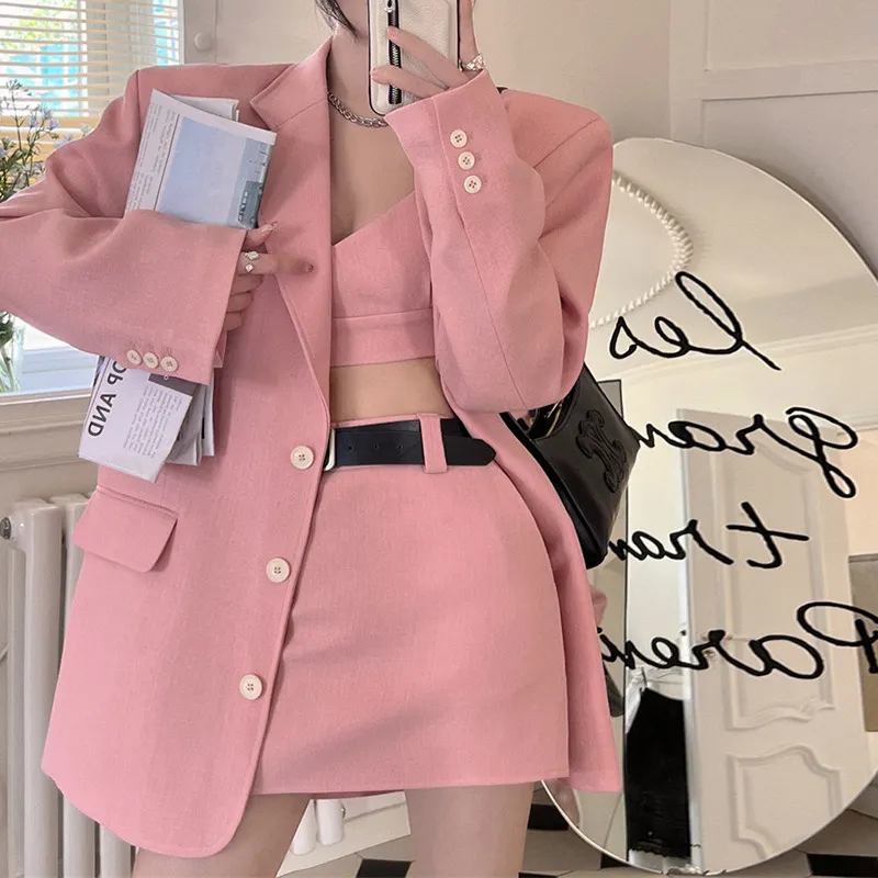 Chic Lapel Blazer Cami Belted Skirt Three Pieces