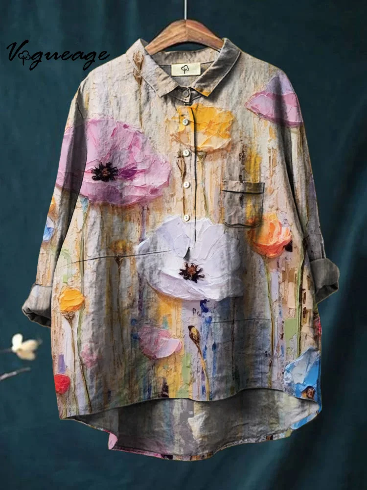 Oil Painting Fresh Flowers Printed Cotton And Linen Shirt