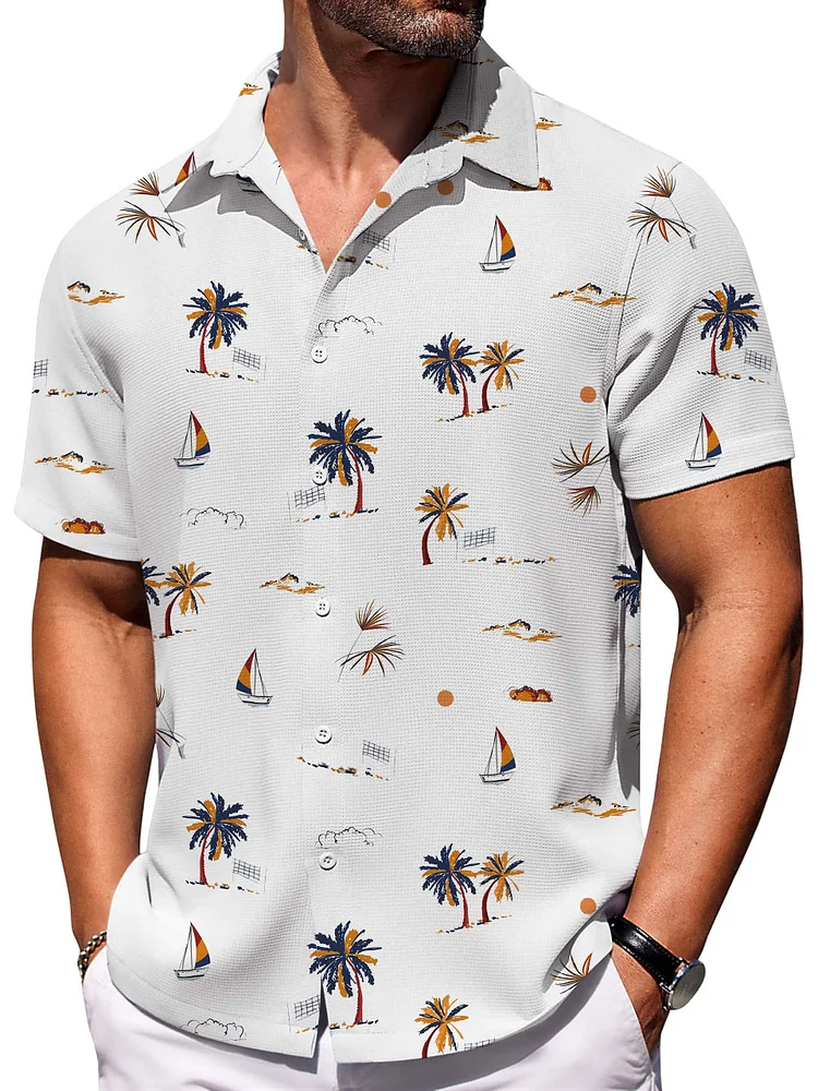 Men's Hawaiian Coconut Print Waffle Fabric Short Sleeve Shirt