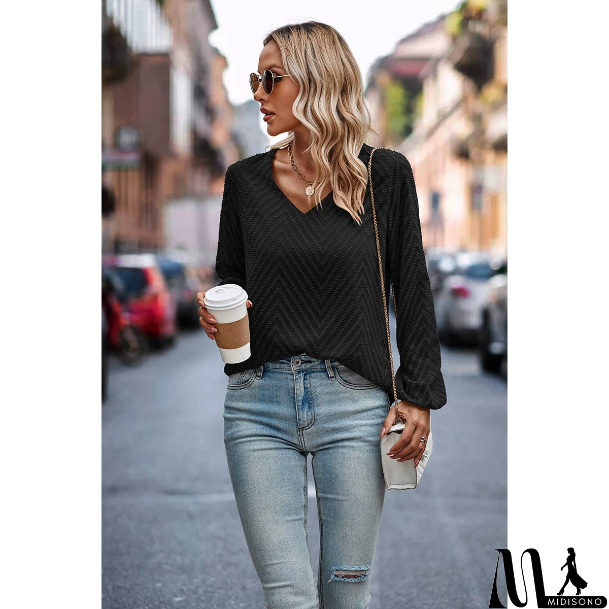 MidiSono - Chevron V Neck Long Sleeve Loose Top