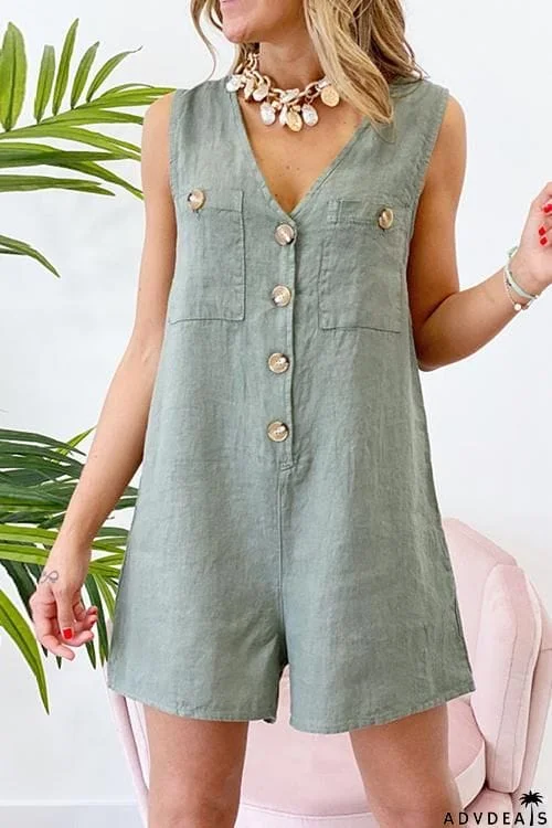 Button V Neck Pockets Romper