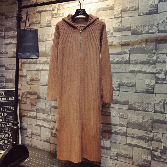 Autumn and winter fashion temperament new hooded long over-the-knee sweater dress women loose solid color knitted dress