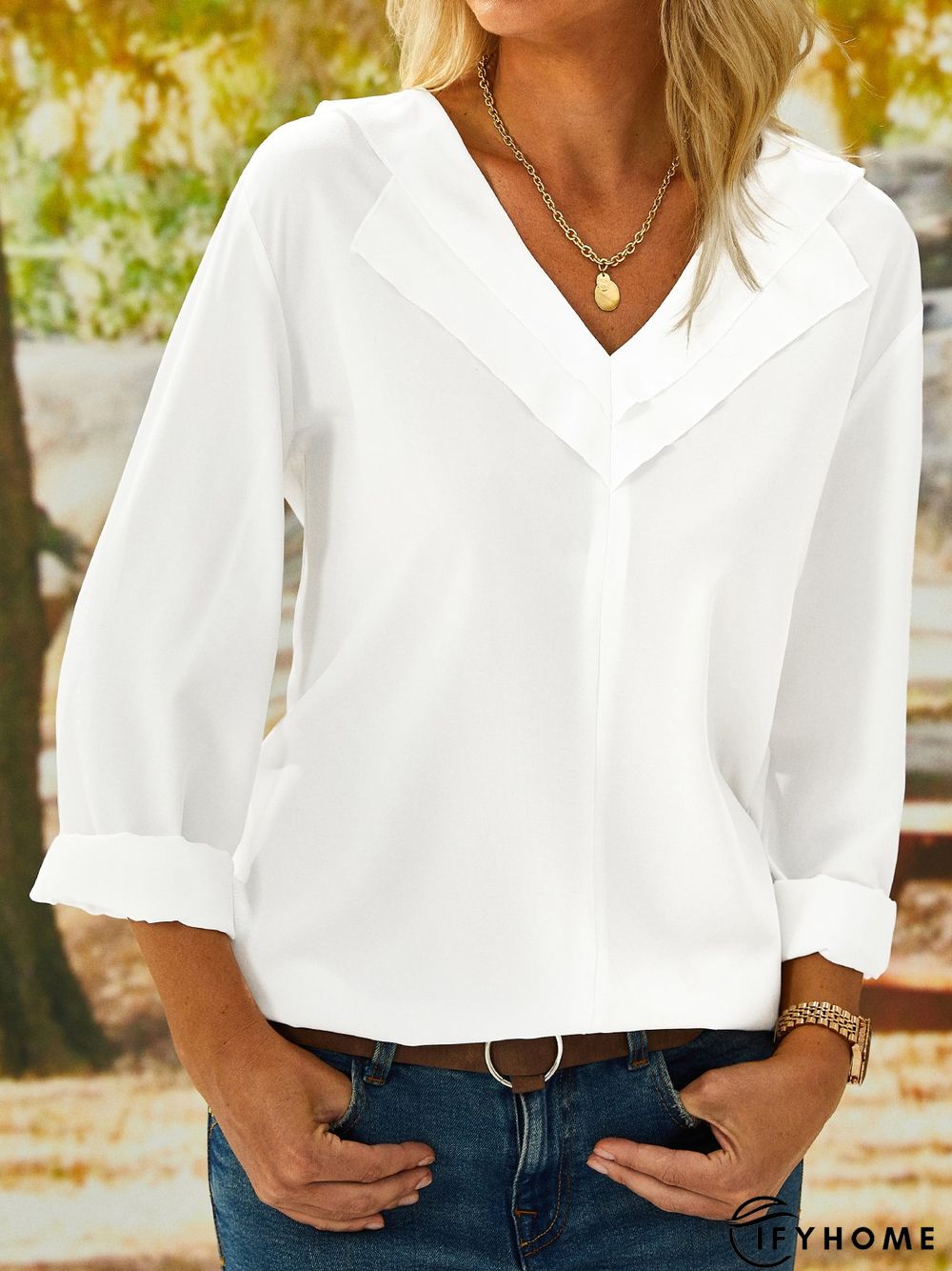 Solid Color V-neck Long-sleeved Blouse | IFYHOME