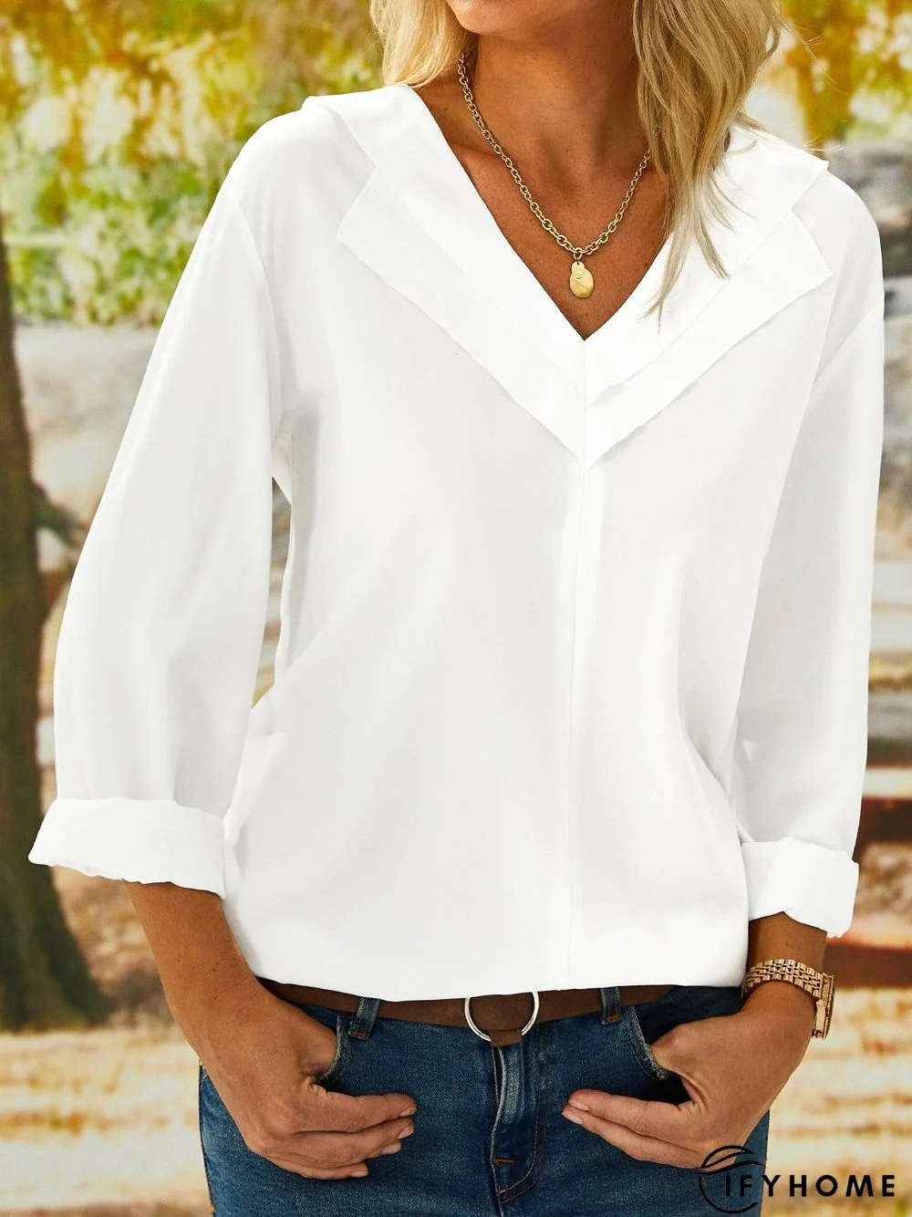 Solid Color V-neck Long-sleeved Blouse | IFYHOME