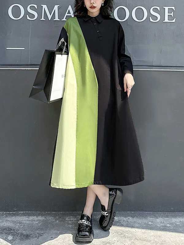 Long Sleeves Loose Asymmetric Buttoned Contrast Color Split-Joint Lapel Midi Dresses Shirt Dress