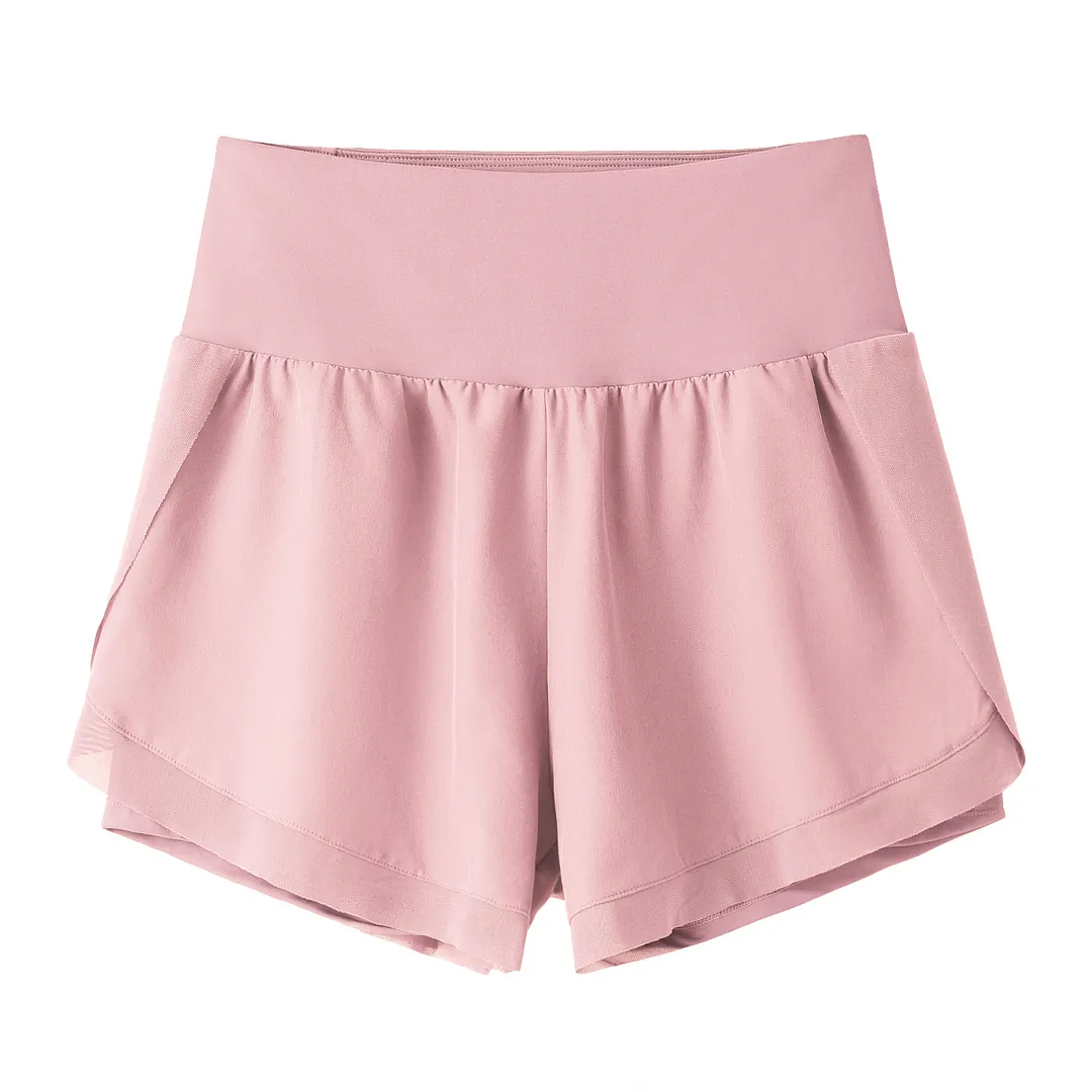 Hergymclothing Mist Rose fake 2 pieces mesh patchwork high waist casual gym shorts with pockets for sale