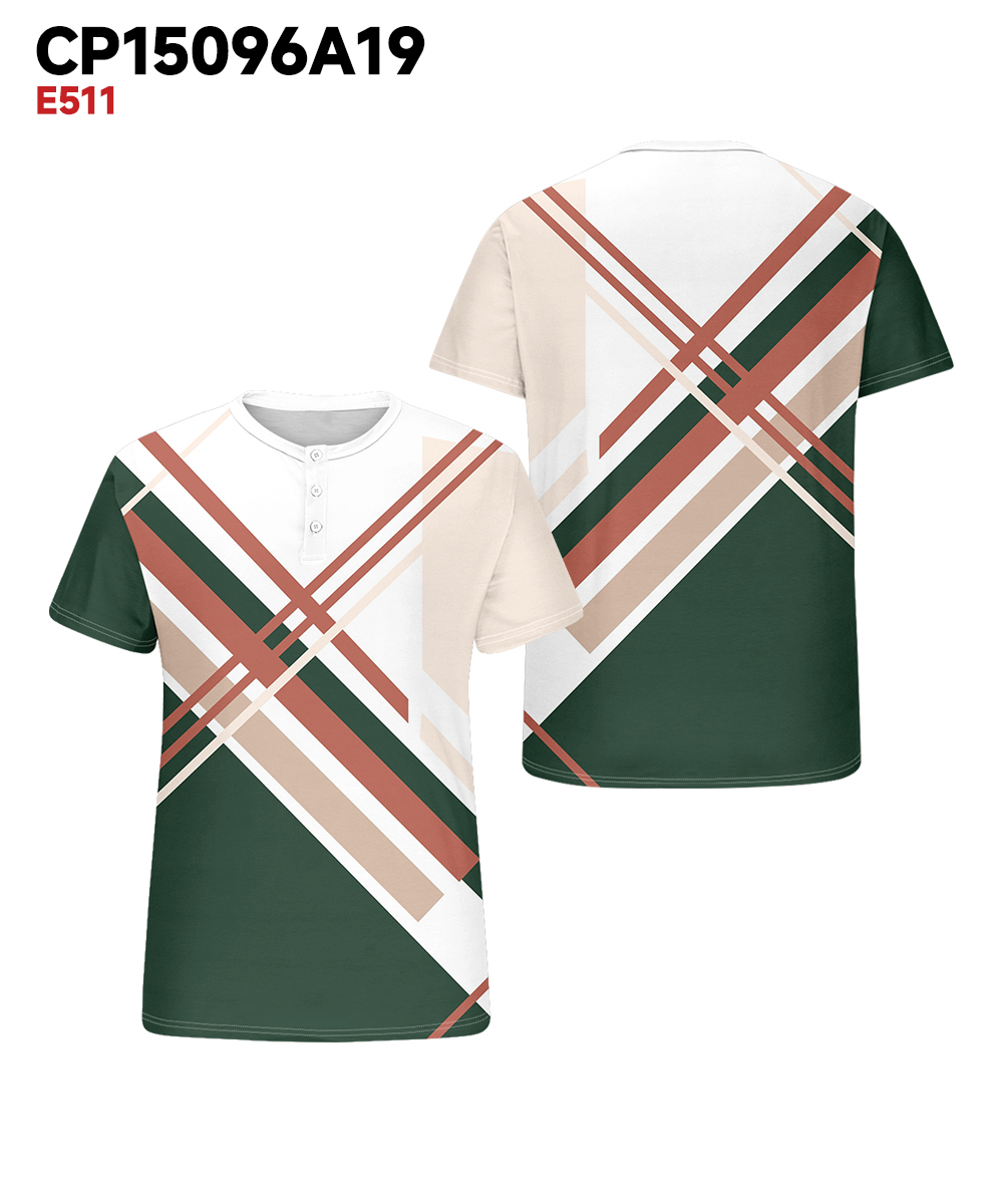 Big & Tall Men's Green Stripe Geometric Print Henley Collar Button Short Sleeve Tee