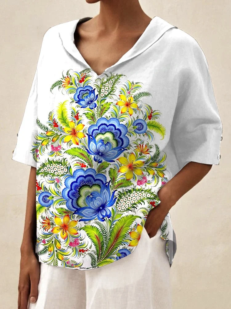 Women's Lapel Floral Art Print Top