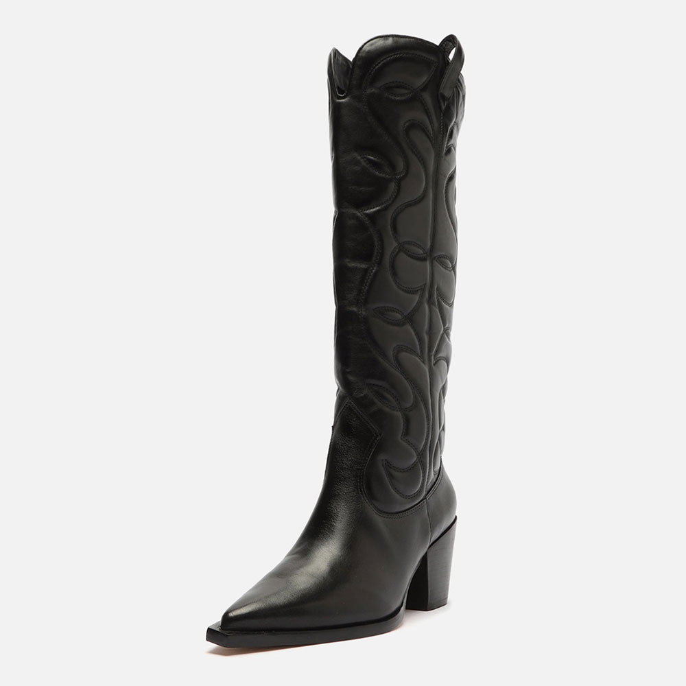 Black Pointed Toe Embroidered Block Heel Western Boots for Women Nicepairs