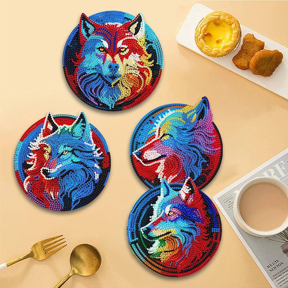 DIY Wolf Double Sided Wooden Diamond Painting Hanging Pendant for Wall Decor