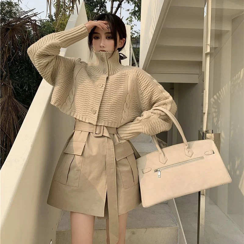 Korobov Korean Long Sleeve Streetwear Crop Cardigans Vintage Single Breasted Knit Turtleneck Cardigan Sweet Japanese Sweater