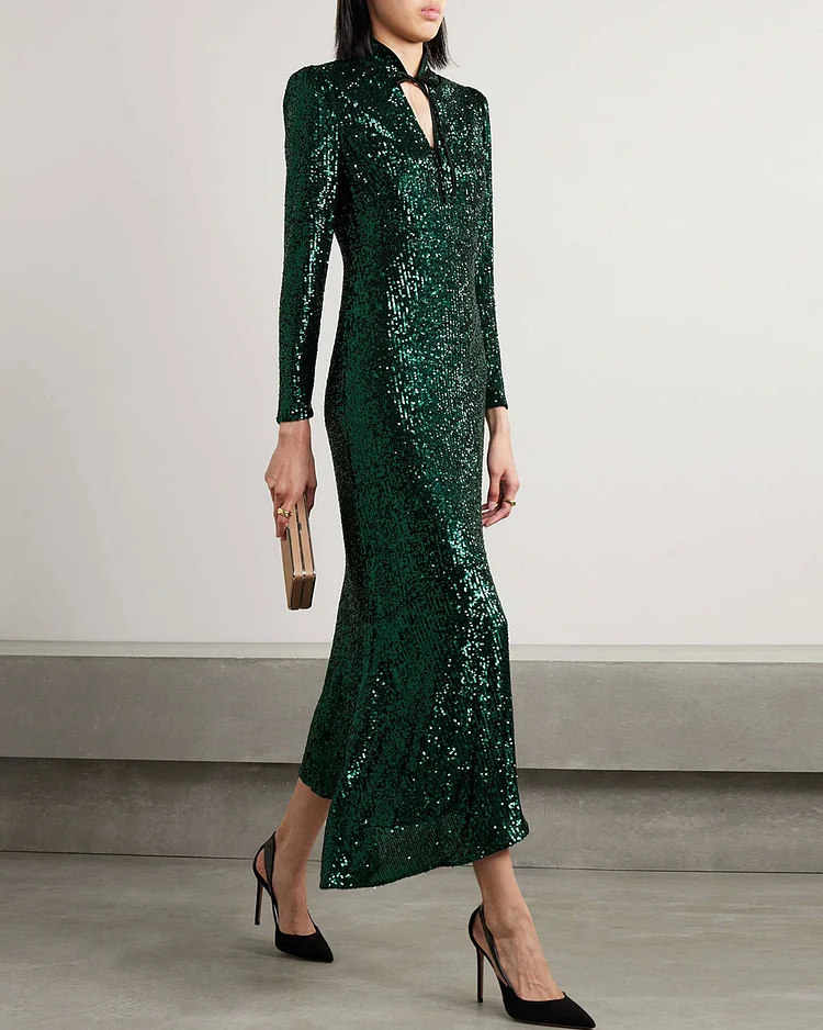 Asymmetric cutout sequined tulle midi dress