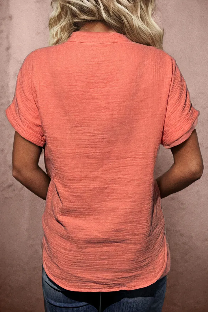 Solid Notched Neck Short Sleeve Blouse